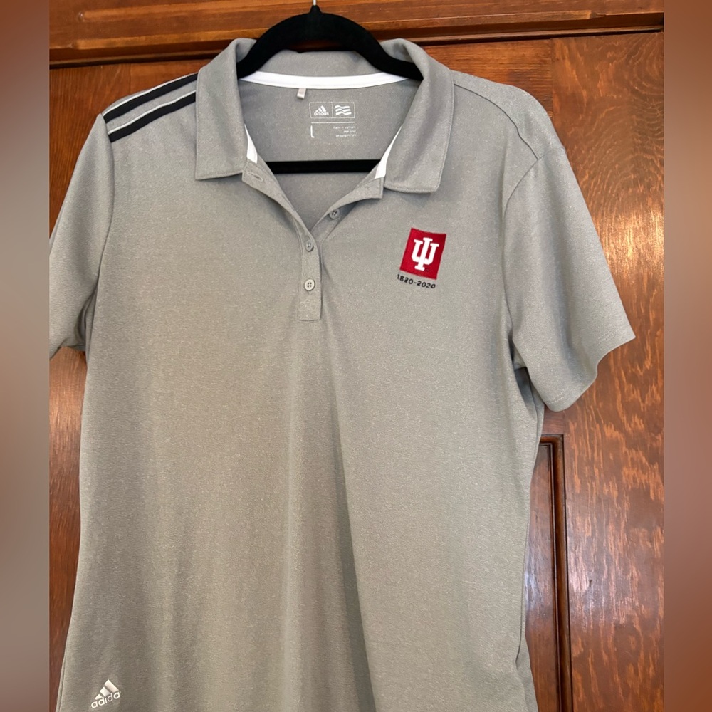 Adidas Gray Polo White Black accent  IU logo embroidery Indiana University